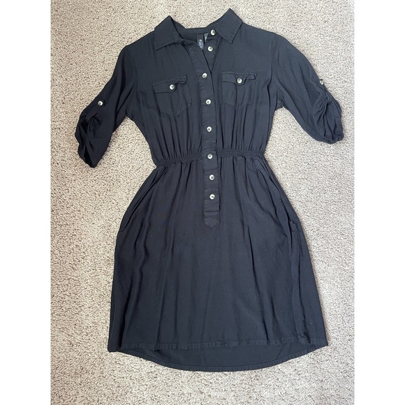 Fun & Flirt Dresses & Skirts - Fun & Flirt Shirt Dress Womens Small Black Roll Tab Sleeve Elastic Waist Pocket